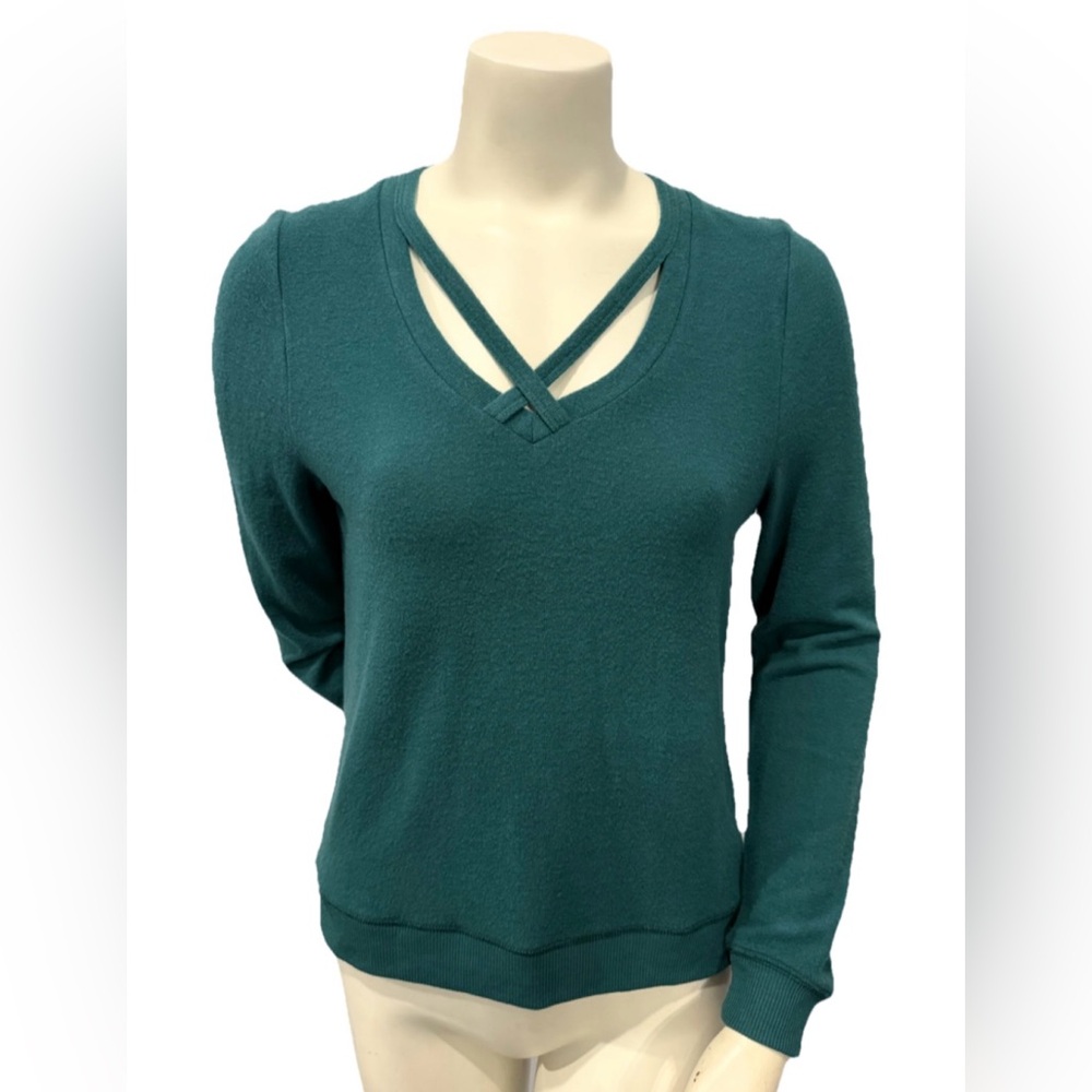 Z SUPPLY XS Deep Green Cross-Front V-Neck Long Sleeve Pullover Top Sweater